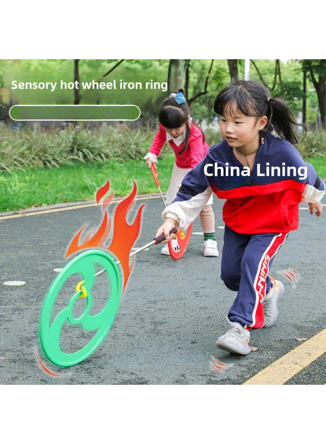 Children's Traditional Toy Thickened Rolling Iron Ring Fun Nostalgic Preschool Sensory Play Equipment Outdoor Sports Game-Specifications:Yellow Small Size-Telescopic Rod - Image 2